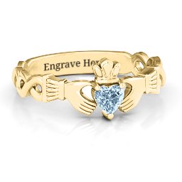 Infinity Claddagh with Heart Stone Ring in 18K Gold Plated Silver with Aquamarine