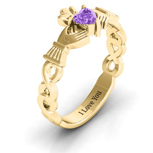 Infinity Claddagh with Heart Stone Ring – 18K Gold Plated Silver with Amethyst