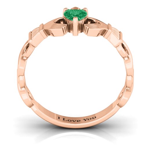 Infinity Claddagh with Heart Stone Ring – 10K Rose Gold with Emerald