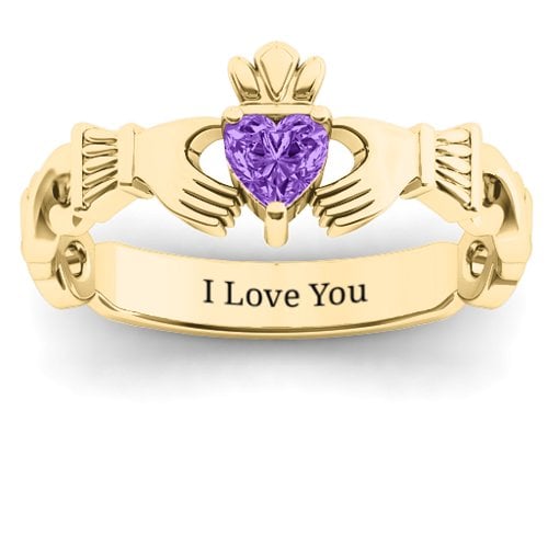 Infinity Claddagh with Heart Stone Ring – 18K Gold Plated Silver with Amethyst