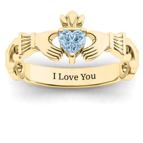 Infinity Claddagh with Heart Stone Ring – 18K Gold Plated Silver with Aquamarine