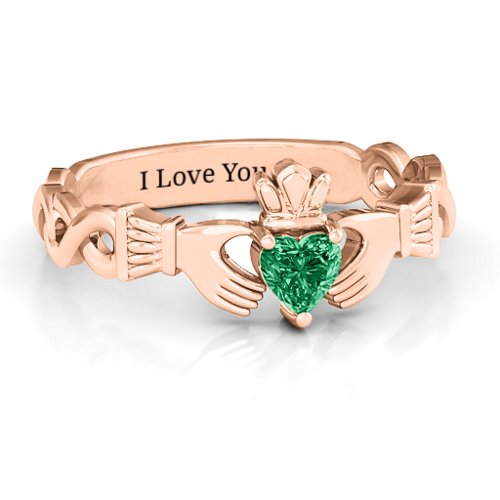 Infinity Claddagh with Heart Stone Ring – 10K Rose Gold with Emerald