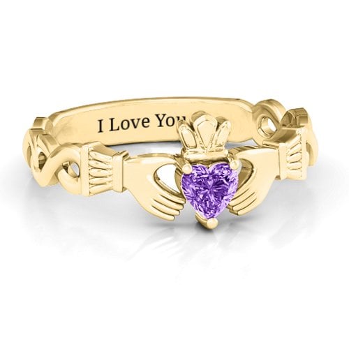 Infinity Claddagh with Heart Stone Ring – 18K Gold Plated Silver with Amethyst