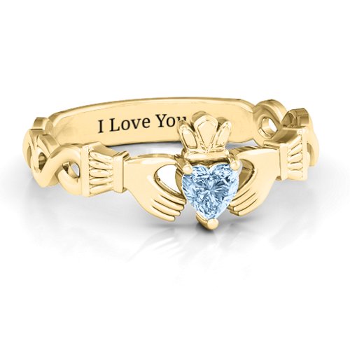 Infinity Claddagh with Heart Stone Ring – 18K Gold Plated Silver with Aquamarine