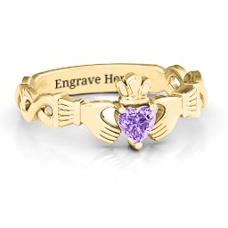 Infinity Claddagh with Heart Stone Ring in 18K Gold Plated Silver with Amethyst