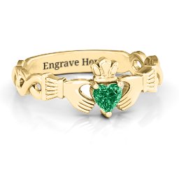 Infinity Claddagh with Heart Stone Ring in 18K Gold Plated Silver with Emerald