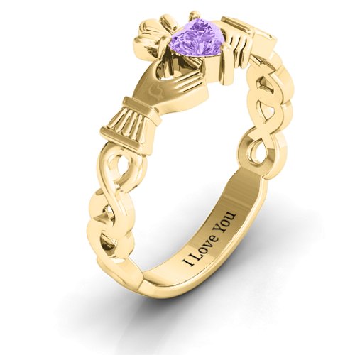 Infinity Claddagh with Heart Stone Ring – 18K Gold Plated Silver with Amethyst