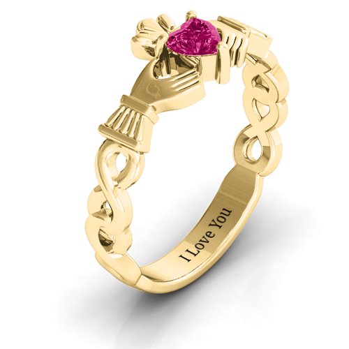 Infinity Claddagh with Heart Stone Ring – 18K Gold Plated Silver with Ruby