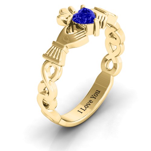 Infinity Claddagh with Heart Stone Ring – 18K Gold Plated Silver with Blue Sapphire