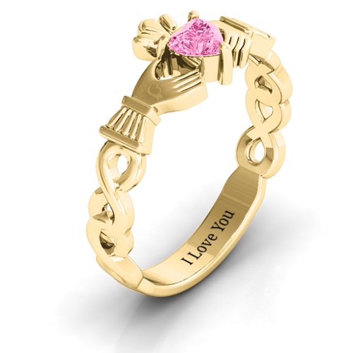 Infinity Claddagh with Heart Stone Ring – 18K Gold Plated Silver with Pink Tourmaline