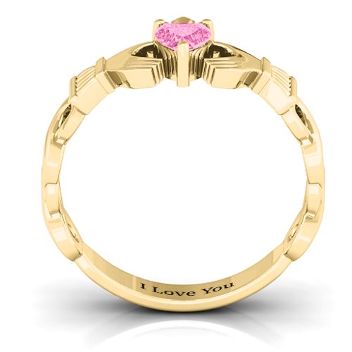 Infinity Claddagh with Heart Stone Ring – 18K Gold Plated Silver with Pink Tourmaline