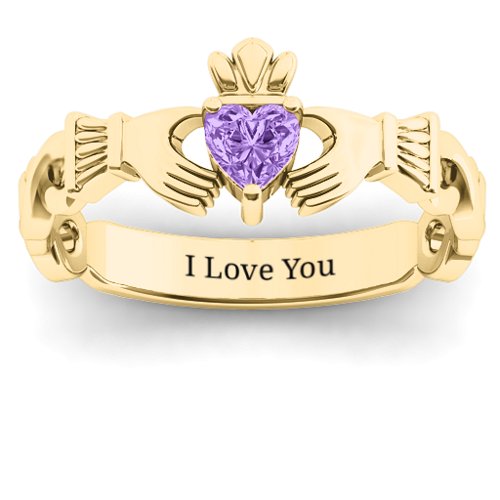 Infinity Claddagh with Heart Stone Ring – 18K Gold Plated Silver with Amethyst