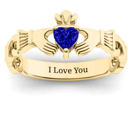 Infinity Claddagh with Heart Stone Ring – 18K Gold Plated Silver with Blue Sapphire