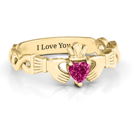 Infinity Claddagh with Heart Stone Ring – 18K Gold Plated Silver with Ruby