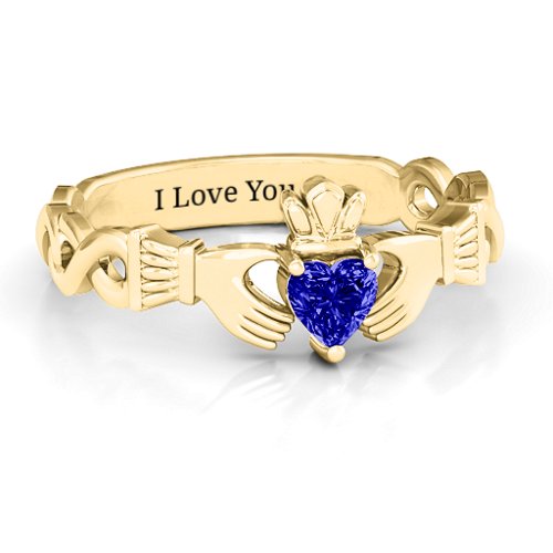 Infinity Claddagh with Heart Stone Ring – 18K Gold Plated Silver with Blue Sapphire