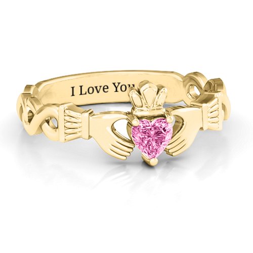Infinity Claddagh with Heart Stone Ring – 18K Gold Plated Silver with Pink Tourmaline