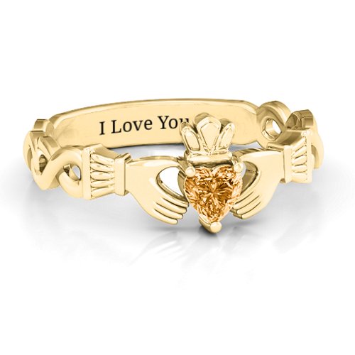 Infinity Claddagh with Heart Stone Ring – 18K Gold Plated Silver with Citrine