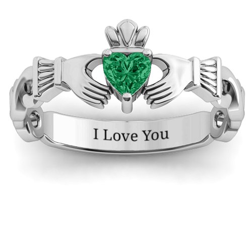 Infinity Claddagh with Heart Stone Ring – Sterling Silver with Emerald