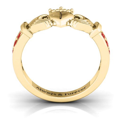 Classic Claddagh Ring with Accents – 18K Gold Plated Silver with Garnet