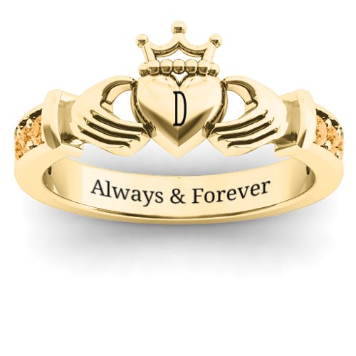 Classic Claddagh Ring with Accents – 18K Gold Plated Silver with Citrine