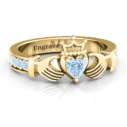 Classic Claddagh Heart Cut Ring with Accents in 18K Gold Plated Silver with Aquamarine