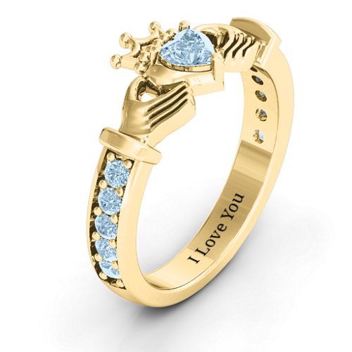 Classic Claddagh Heart Cut Ring with Accents – 18K Gold Plated Silver with Aquamarine