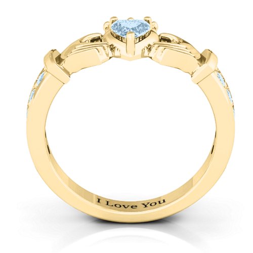 Classic Claddagh Heart Cut Ring with Accents – 18K Gold Plated Silver with Aquamarine