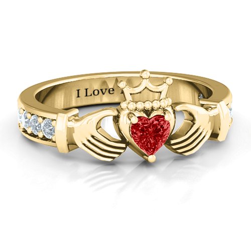 Classic Claddagh Heart Cut Ring with Accents – 18K Gold Plated Silver with Garnet and Cubic Zirconia