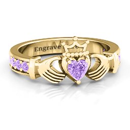 Classic Claddagh Heart Cut Ring with Accents in 18K Gold Plated Silver with Amethyst