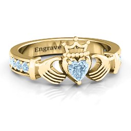 Classic Claddagh Heart Cut Ring with Accents in 18K Gold Plated Silver with Aquamarine