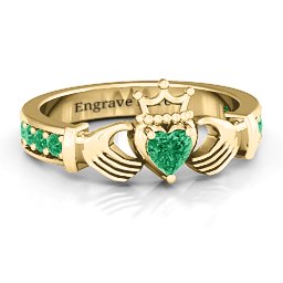 Classic Claddagh Heart Cut Ring with Accents in 18K Gold Plated Silver with Emerald