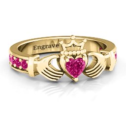 Classic Claddagh Heart Cut Ring with Accents in 18K Gold Plated Silver with Ruby