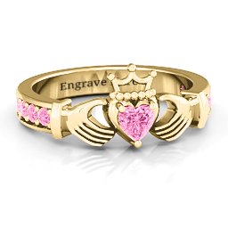 Classic Claddagh Heart Cut Ring with Accents in 18K Gold Plated Silver with Pink Tourmaline
