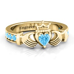 Classic Claddagh Heart Cut Ring with Accents in 18K Gold Plated Silver with Blue Topaz