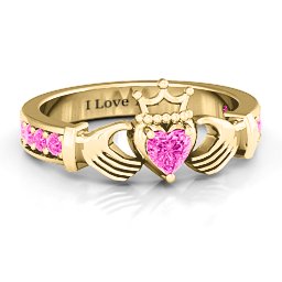 Classic Claddagh Heart Cut Ring with Accents in 18K Gold Plated Silver with Pink Tourmaline