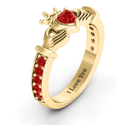 Classic Claddagh Heart Cut Ring with Accents – 18K Gold Plated Silver with Garnet