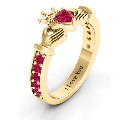 Classic Claddagh Heart Cut Ring with Accents – 18K Gold Plated Silver with Ruby