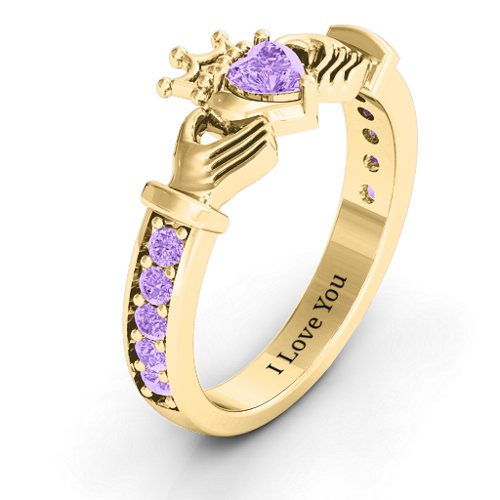 Classic Claddagh Heart Cut Ring with Accents – 18K Gold Plated Silver with Amethyst