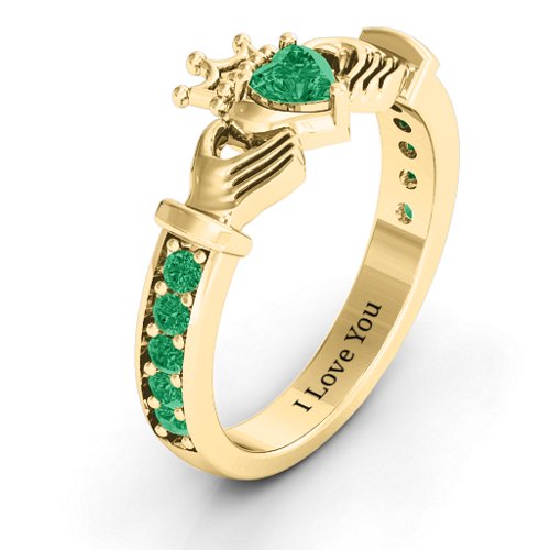 Classic Claddagh Heart Cut Ring with Accents – 18K Gold Plated Silver with Emerald
