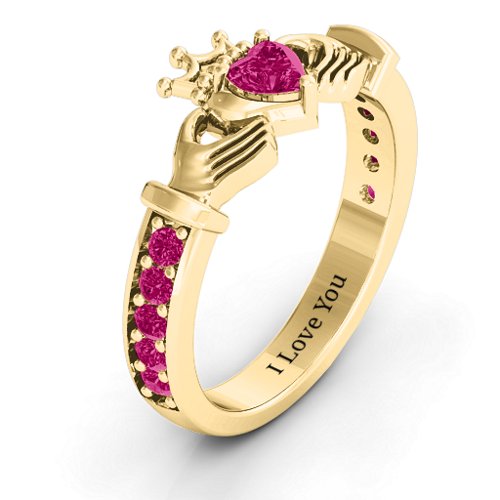 Classic Claddagh Heart Cut Ring with Accents – 18K Gold Plated Silver with Ruby