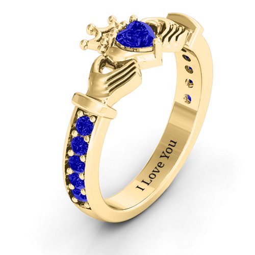 Classic Claddagh Heart Cut Ring with Accents – 18K Gold Plated Silver with Blue Sapphire