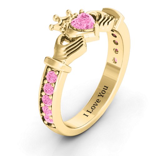 Classic Claddagh Heart Cut Ring with Accents – 18K Gold Plated Silver with Pink Tourmaline