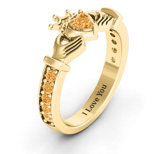 Classic Claddagh Heart Cut Ring with Accents – 18K Gold Plated Silver with Citrine