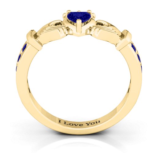 Classic Claddagh Heart Cut Ring with Accents – 18K Gold Plated Silver with Blue Sapphire