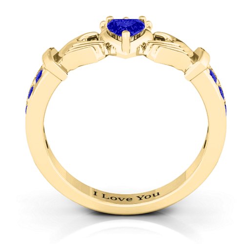 Classic Claddagh Heart Cut Ring with Accents – 18K Gold Plated Silver with Blue Sapphire