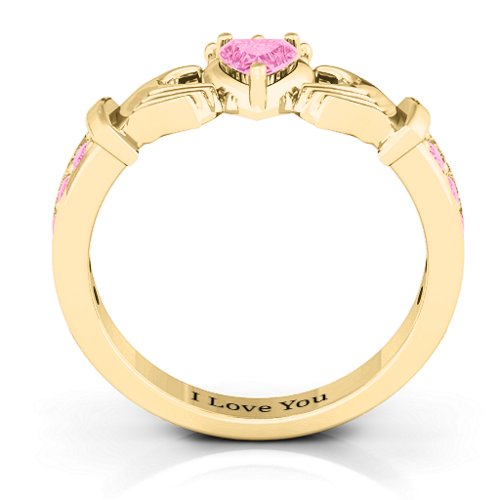 Classic Claddagh Heart Cut Ring with Accents – 18K Gold Plated Silver with Pink Tourmaline