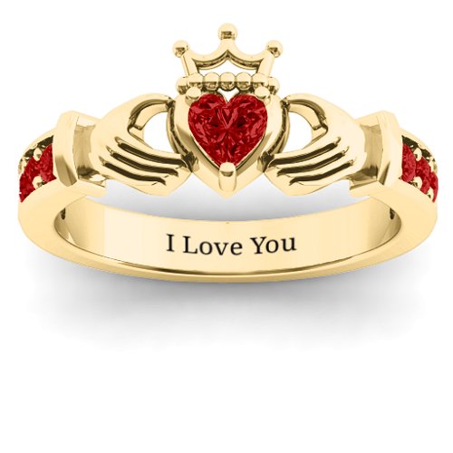 Classic Claddagh Heart Cut Ring with Accents – 18K Gold Plated Silver with Garnet