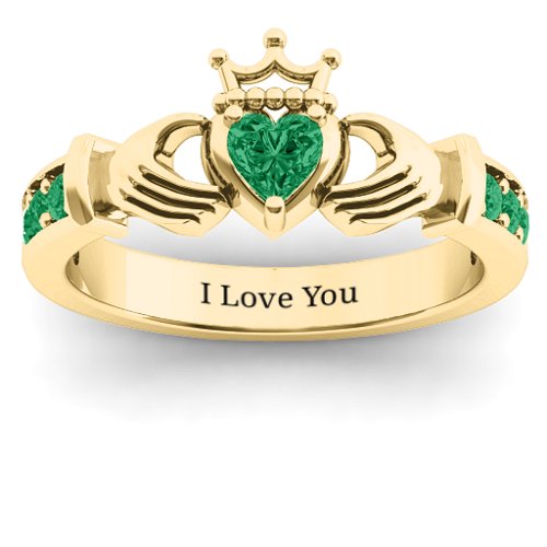 Classic Claddagh Heart Cut Ring with Accents – 18K Gold Plated Silver with Emerald