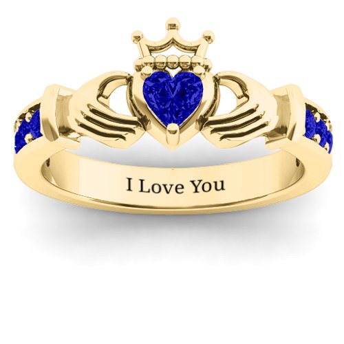 Classic Claddagh Heart Cut Ring with Accents – 18K Gold Plated Silver with Blue Sapphire