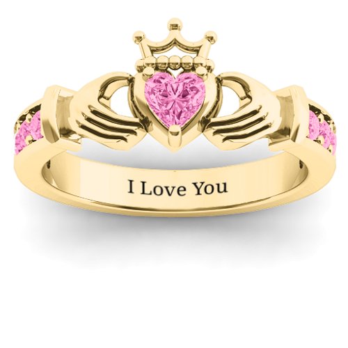 Classic Claddagh Heart Cut Ring with Accents – 18K Gold Plated Silver with Pink Tourmaline